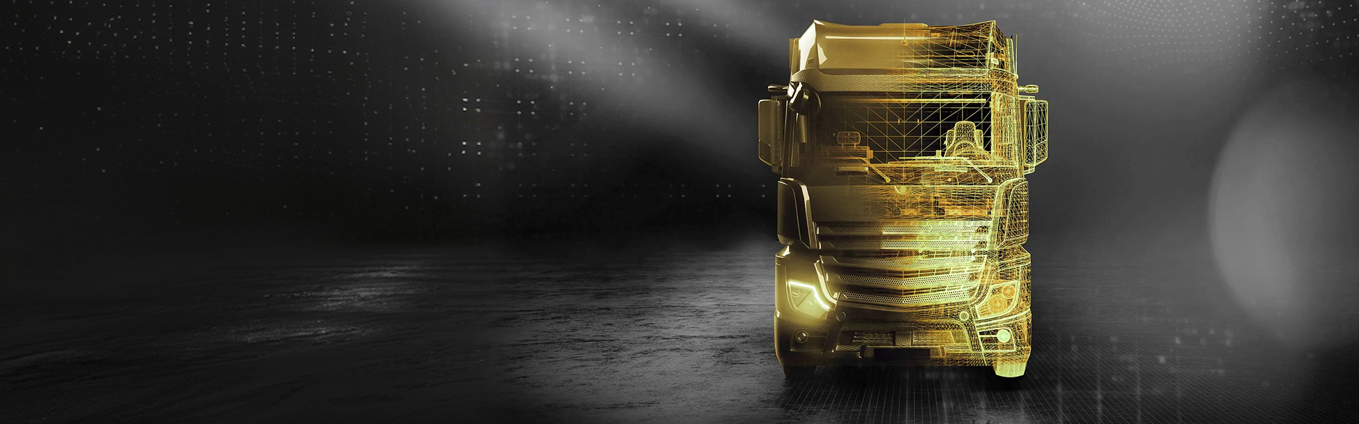 Futuristischer LKW mit goldener Wireframe-Visualisierung als Symbol für digitale Logistik